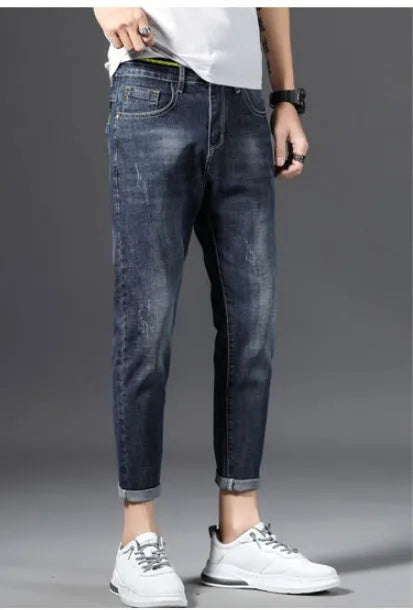 Men's stretch cotton jeans straight leg cropped Korean style blue grey washe
