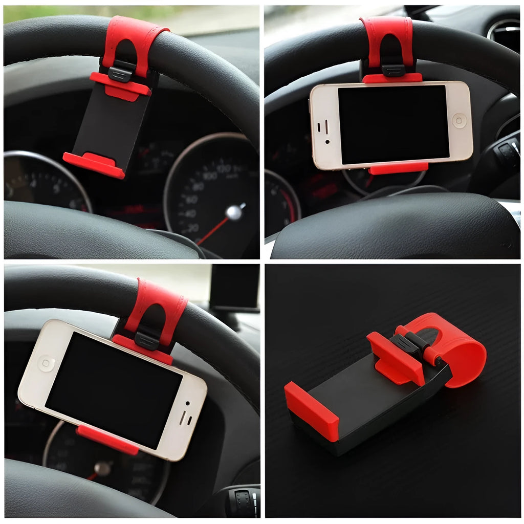 Black car steering wheel clip mount holder with universal phone cradle for multiple smartphone brands