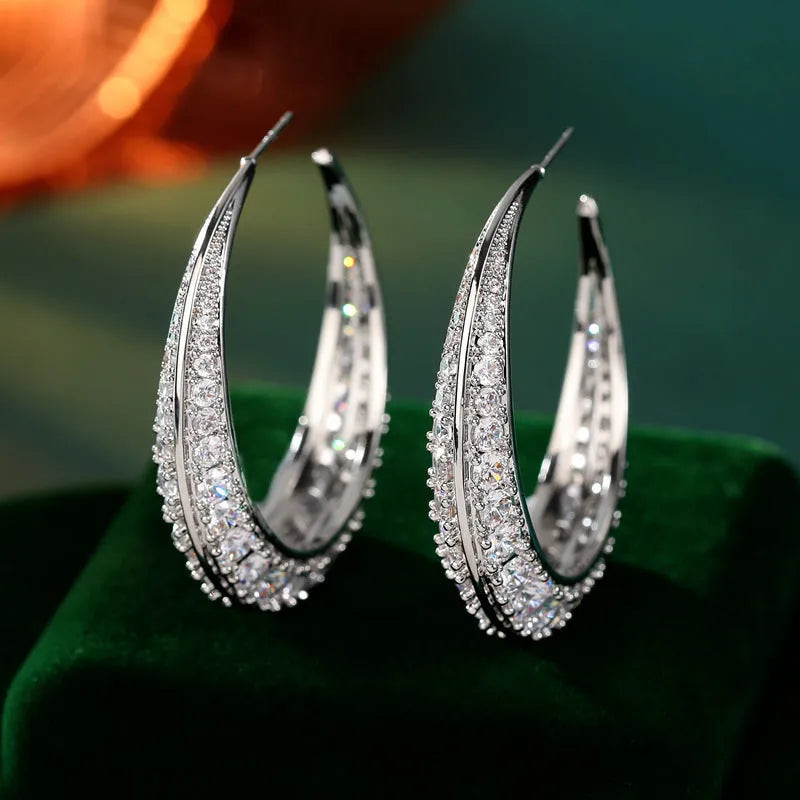 Women's geometric copper hoop earrings in gold white zirconium colour 4.3x4.5 cm