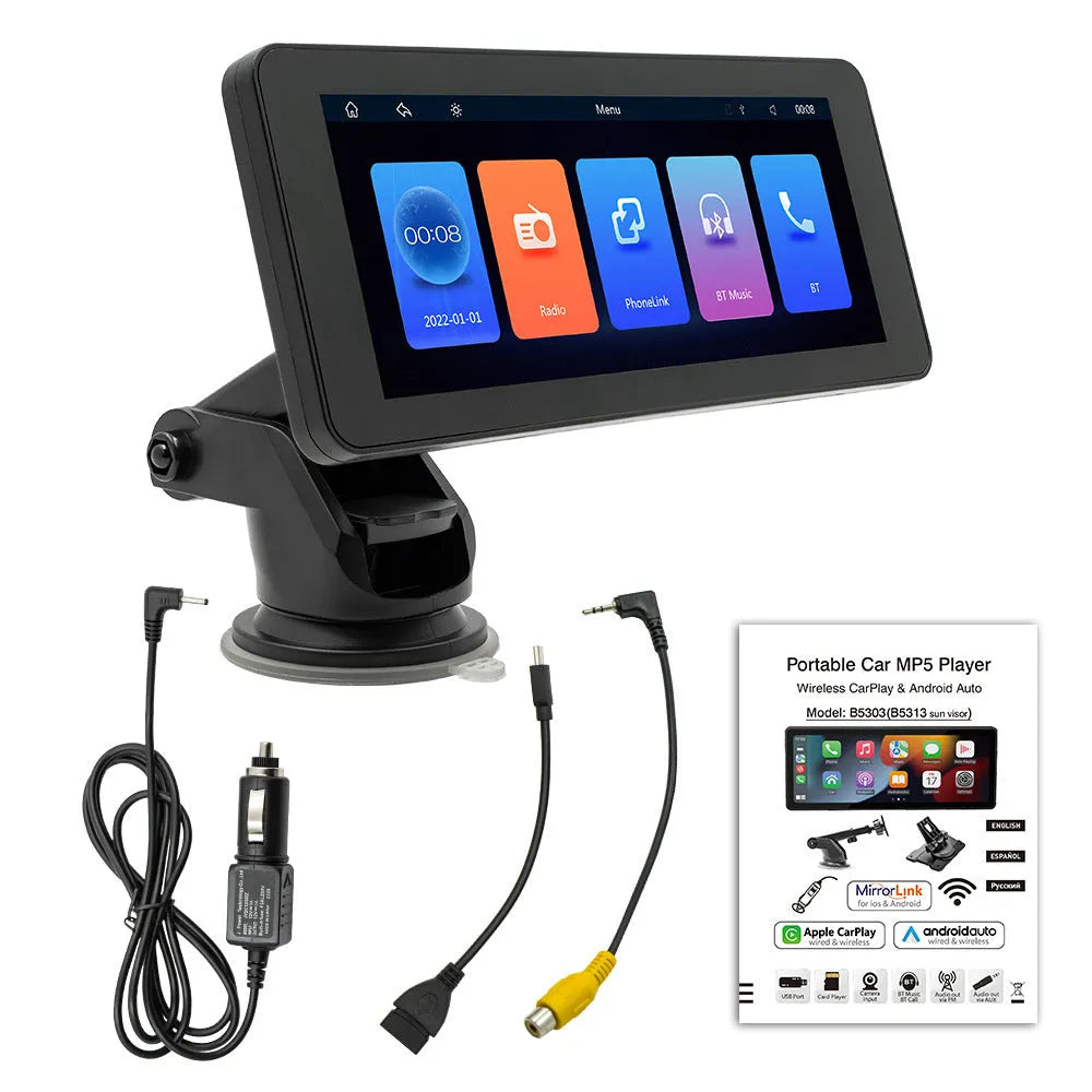 Portable wireless car-mounted video player with 6.86-inch IPS screen showing multimedia display