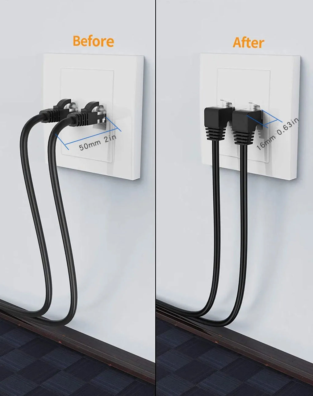 Cat6 Ethernet cable with a right-angle black RJ45 connector, shown in a selection of different colour variants.