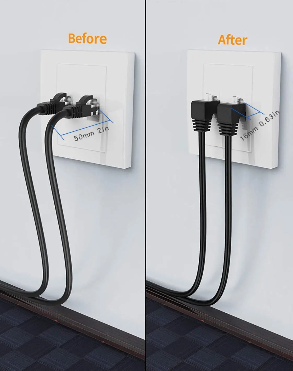 Cat6 Ethernet cable with a right-angle black RJ45 connector, shown in a selection of different colour variants.