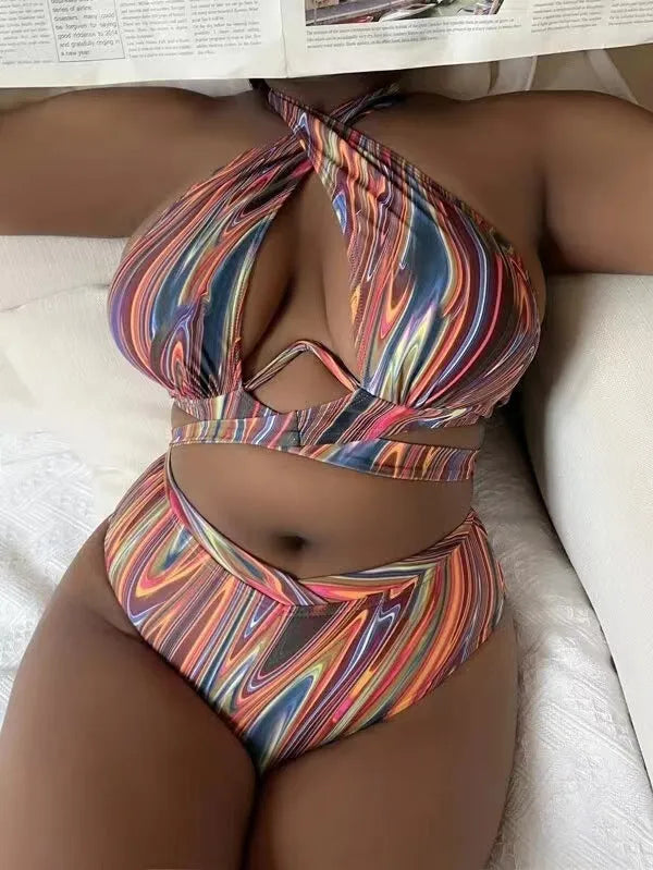 Women's floral pattern high waist bikini swimsuit in plus sizes