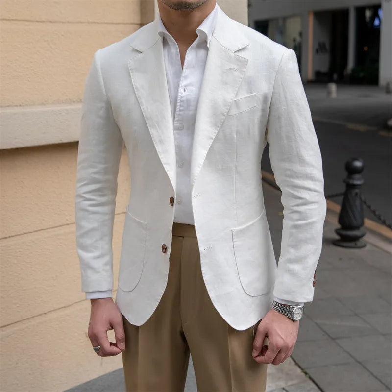 Pure linen men's slim fit double-breasted suit jacket in white or wine red, long sleeve, sizes M to 3XL