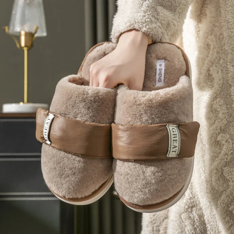 Women's furry slippers with Velcro closure, plush upper, and anti-slip PVC sole in beige