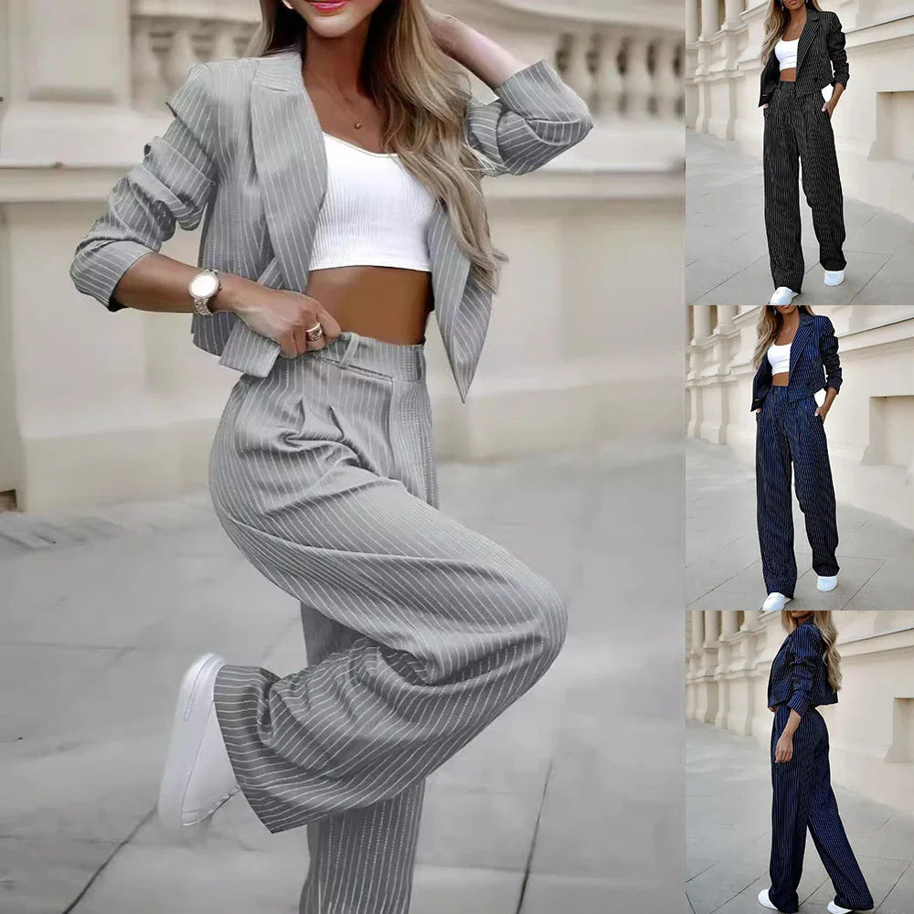 Stylish striped suit set with cropped top and straight-leg pants in various colors