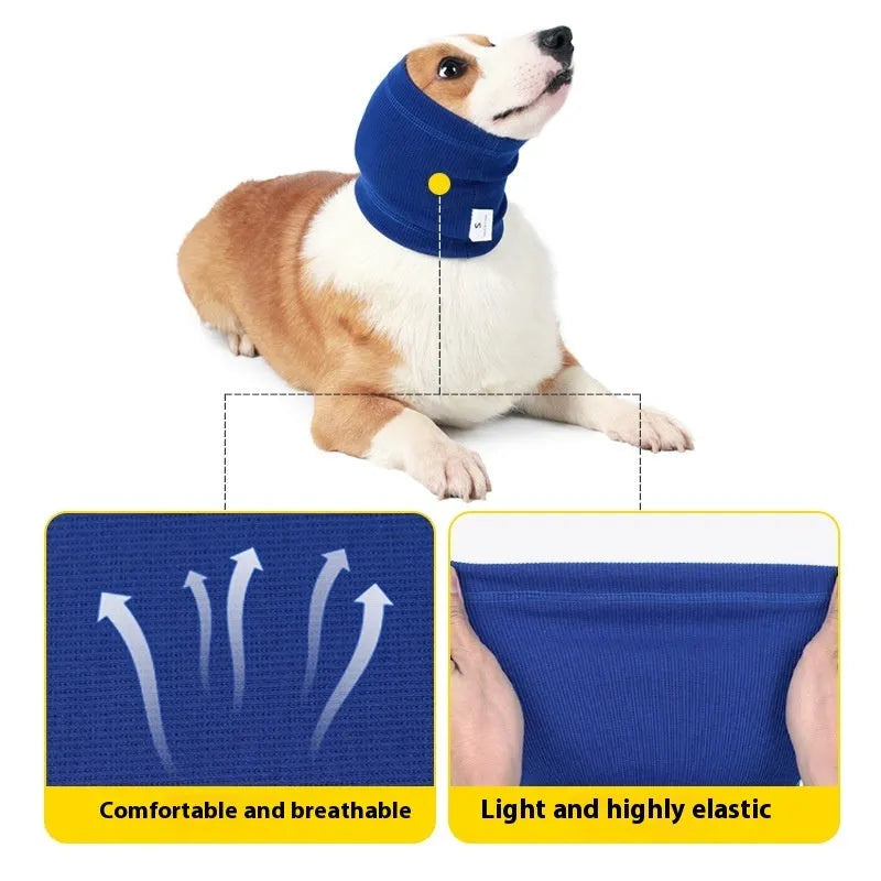 Blue polyester headband scarf for dogs shown in small, medium, and large size options