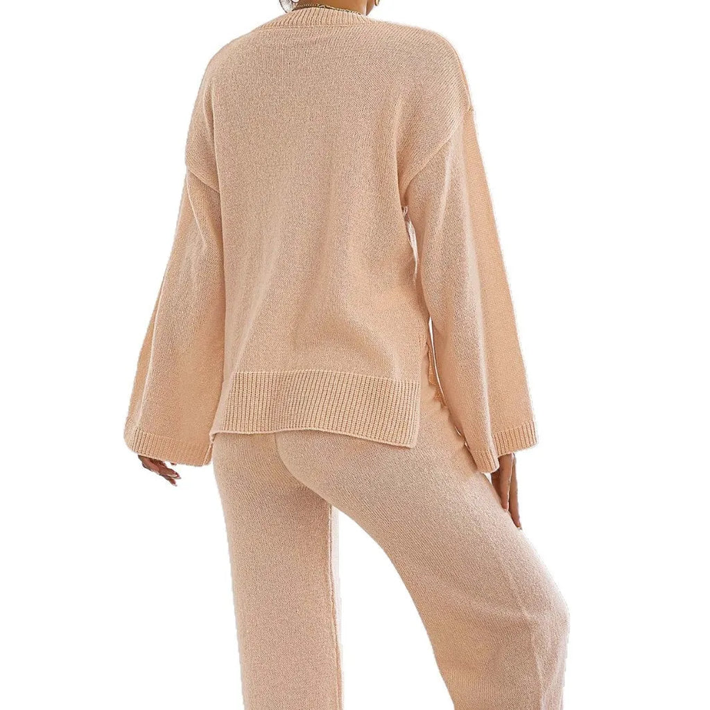Women's two-piece loose pullover sweater and wide leg trousers set in deer plush fabric, beige suit option