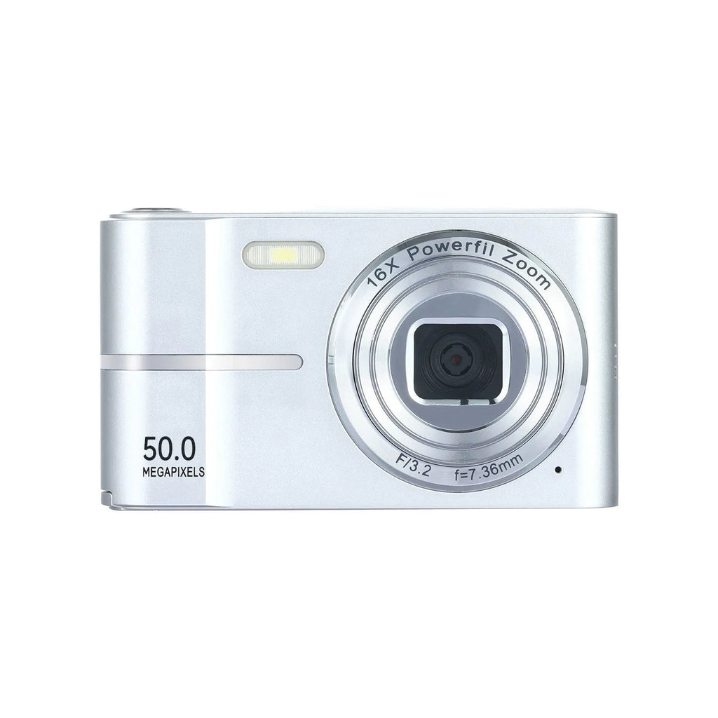 Compact student mini digital camera in black, green, pink, or white with lanyard.