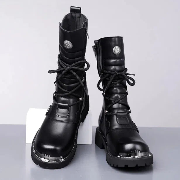 Black men's mid-calf riding boots with side zipper, round toe, flat heel, and suede finish.