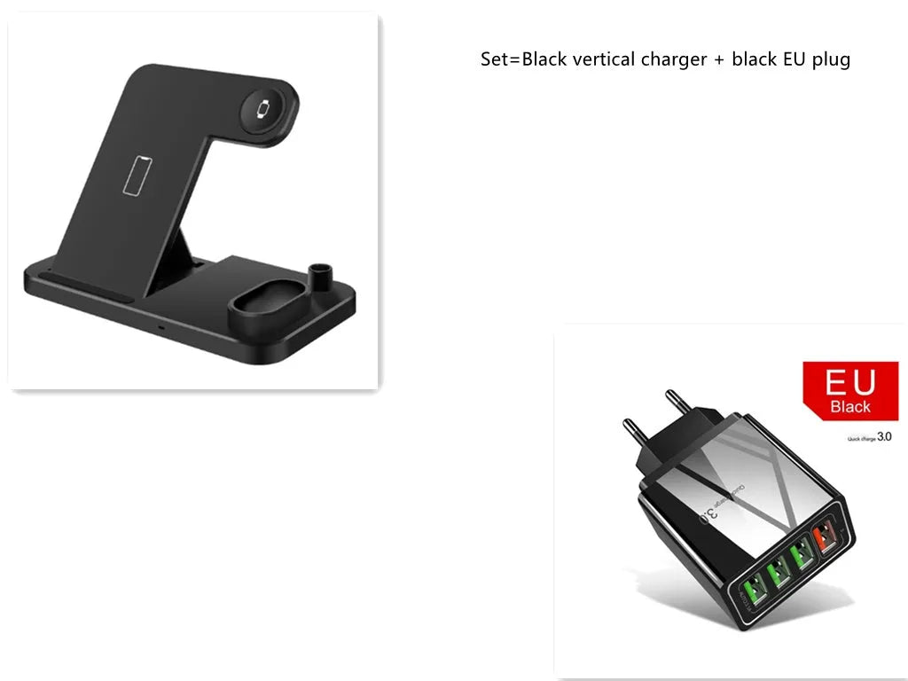 Black 4-in-1 wireless charging station with phone on adjustable stand, charging Apple Watch, AirPods, and Apple Pencil.