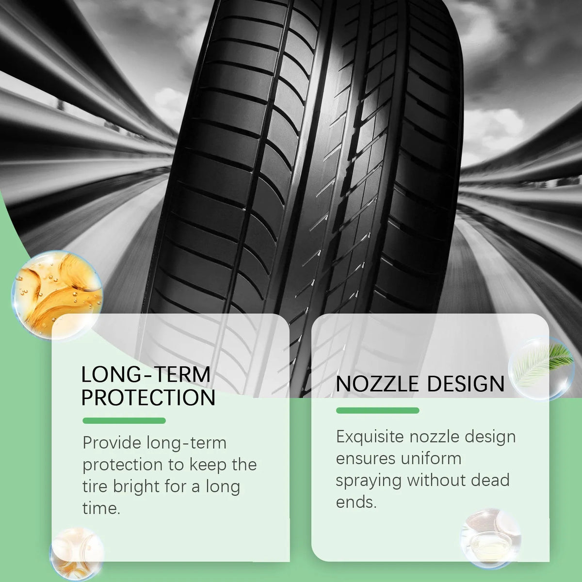 120ml car tyre protective agent bottle 7.3 x 11cm with green towel 20 x 20cm for tyre cleaning and polishing