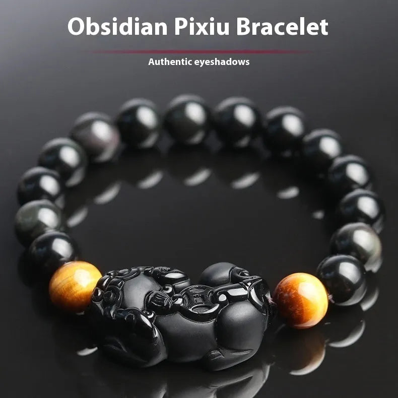 Black Mexican Gold Sheen Obsidian Pi Xiu charm bracelet with crystal beads.