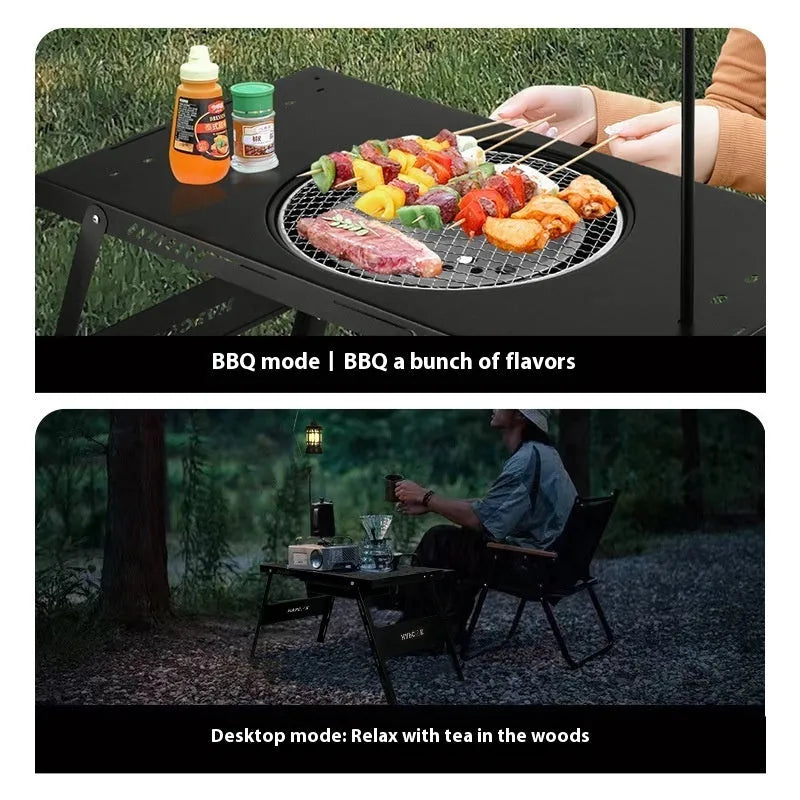 Black steel folding barbecue table with grill for outdoor cooking