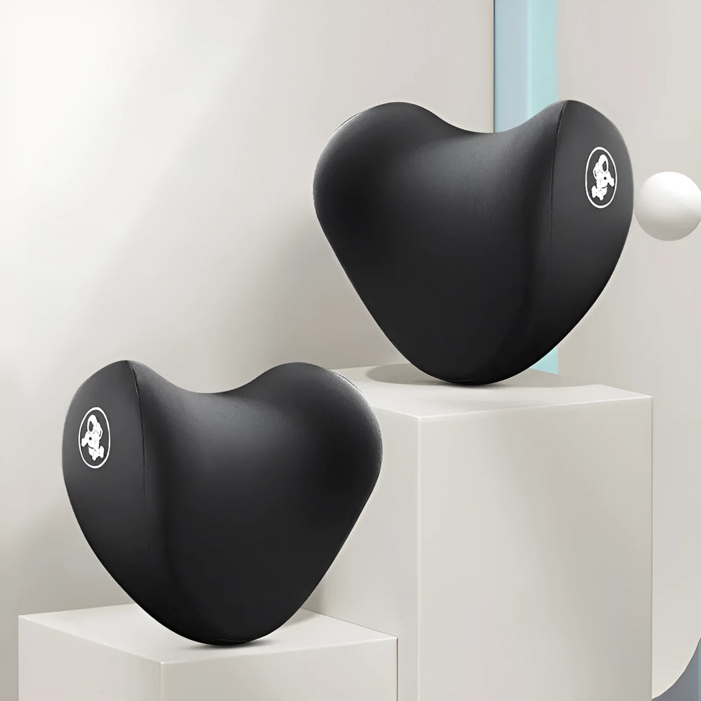 Memory foam car pillow set with heart pattern in black, including headrest and lumbar support pillows