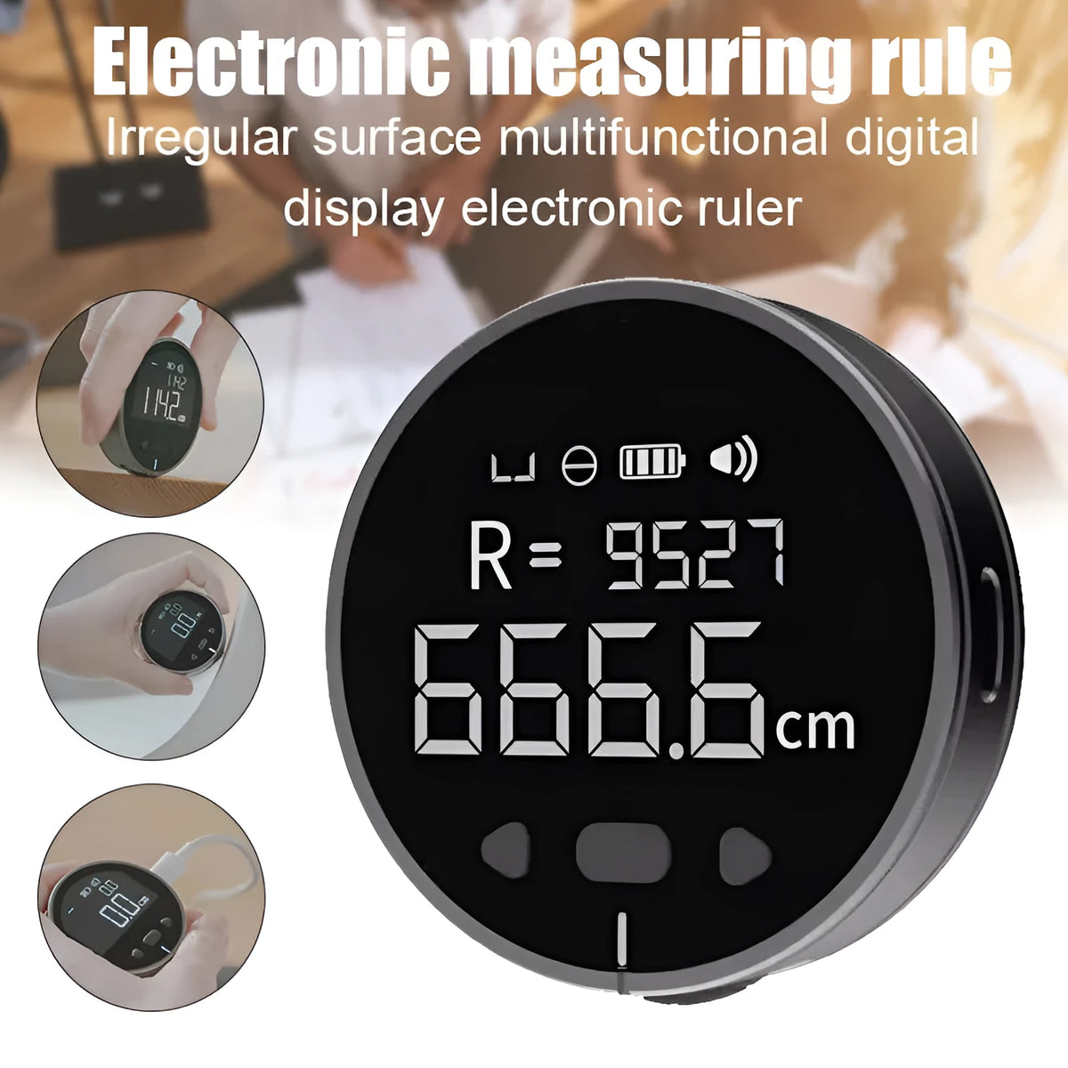 Black electronic measuring ruler with LCD screen, 53mm diameter, 35g, aluminium alloy and silicone body.