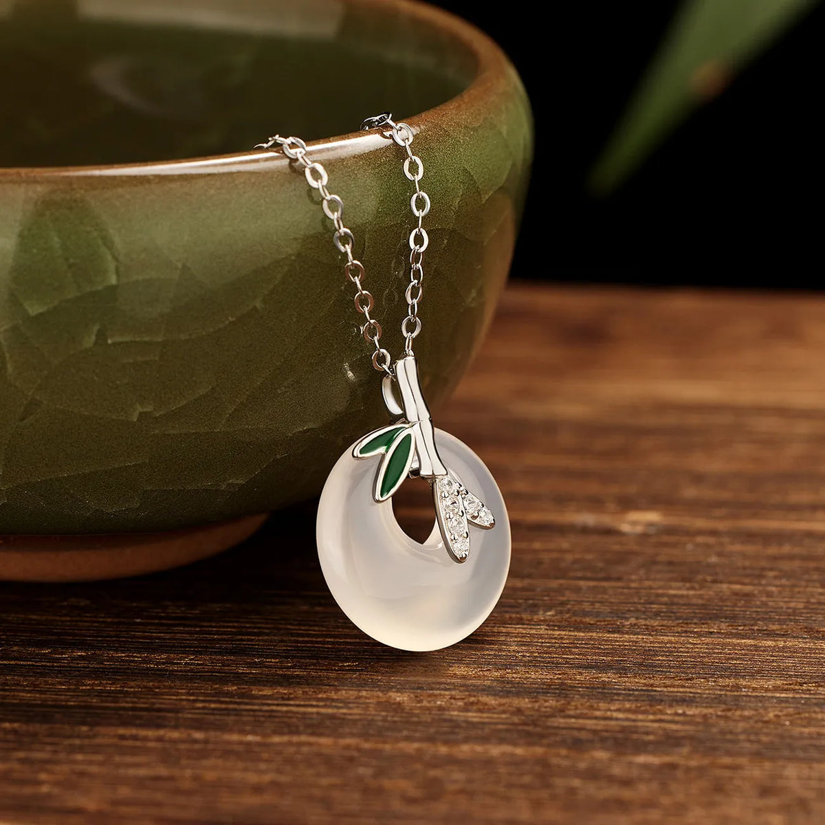 Natural chalcedony peace buckle pendant necklace in 925 silver with leaf shape and bamboo joint design, white gold finish