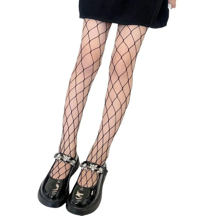 Women's black and white mesh stockings showing large, medium, and small net patterns.