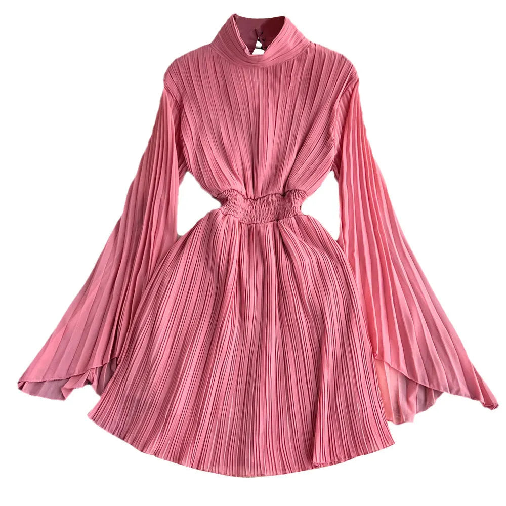 Horn long sleeves stand collar waist A-line chiffon dress in midi length, available in multiple colours