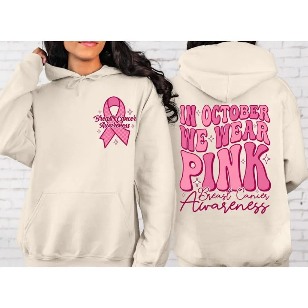 Breast cancer awareness pullover hoodie with art retro print and side seam pockets in multiple colours.