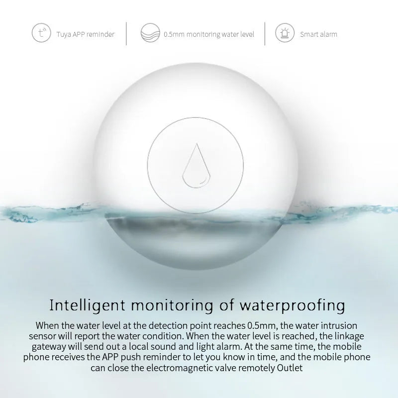 Compact white Zigbee wireless water flood sensor for smart home on a wooden surface.