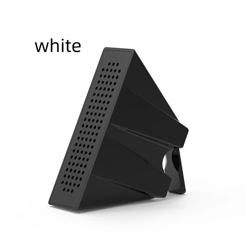 Mini black ABS plastic mobile phone amplifier bracket holding an iPhone on a desktop.