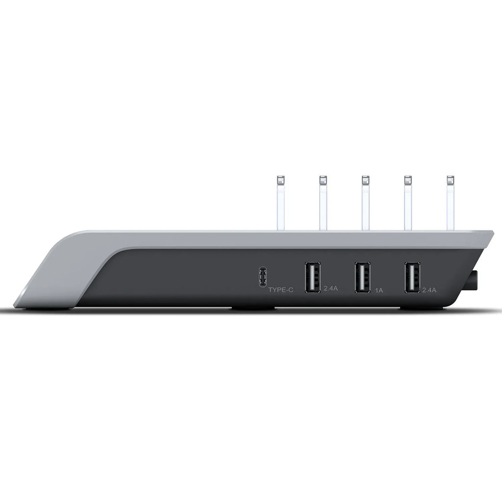 Black universal charging stand for tablets and mobile phones with wireless charging station