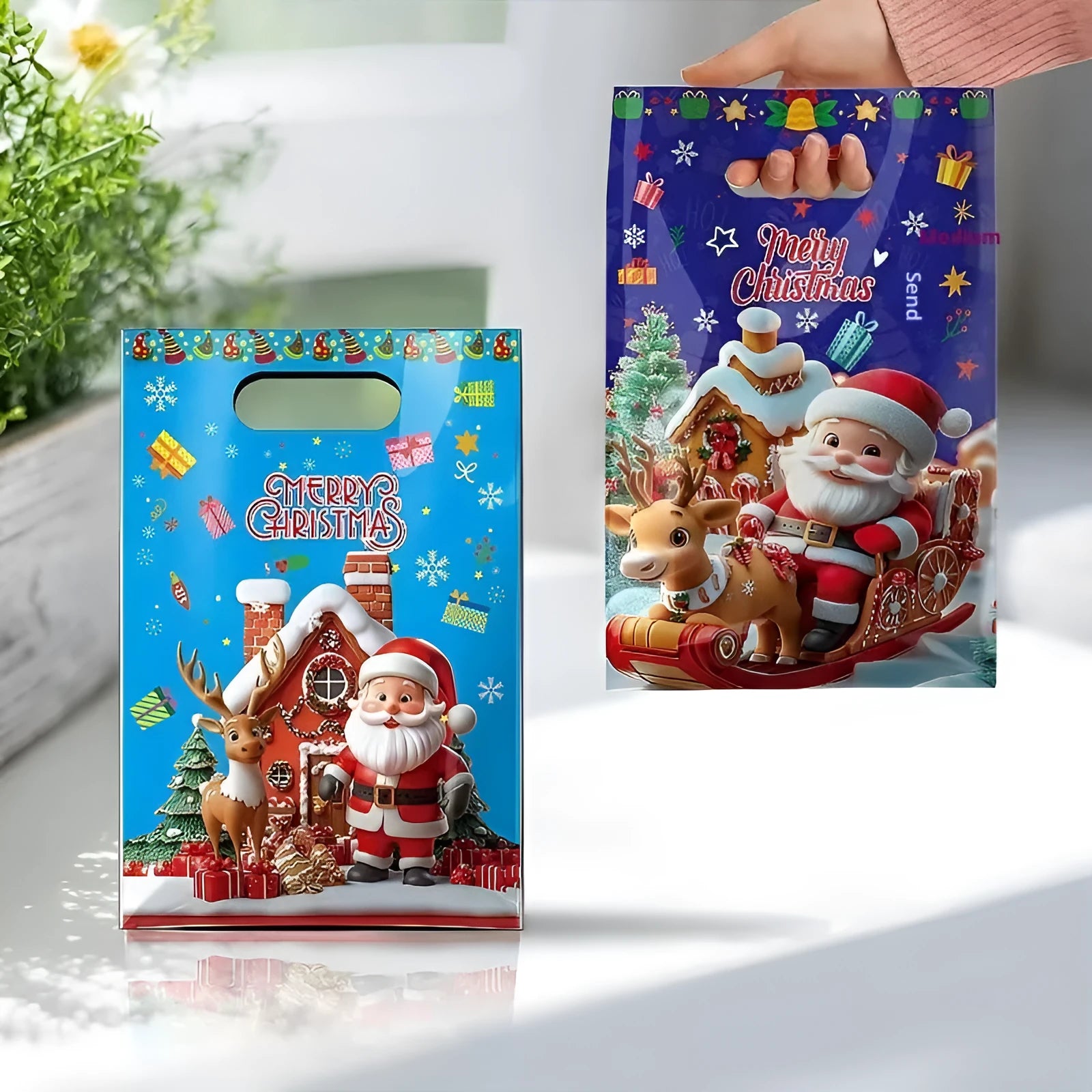 50 pack Christmas candy clutch party gift bags in pearlescent plastic film assorted styles