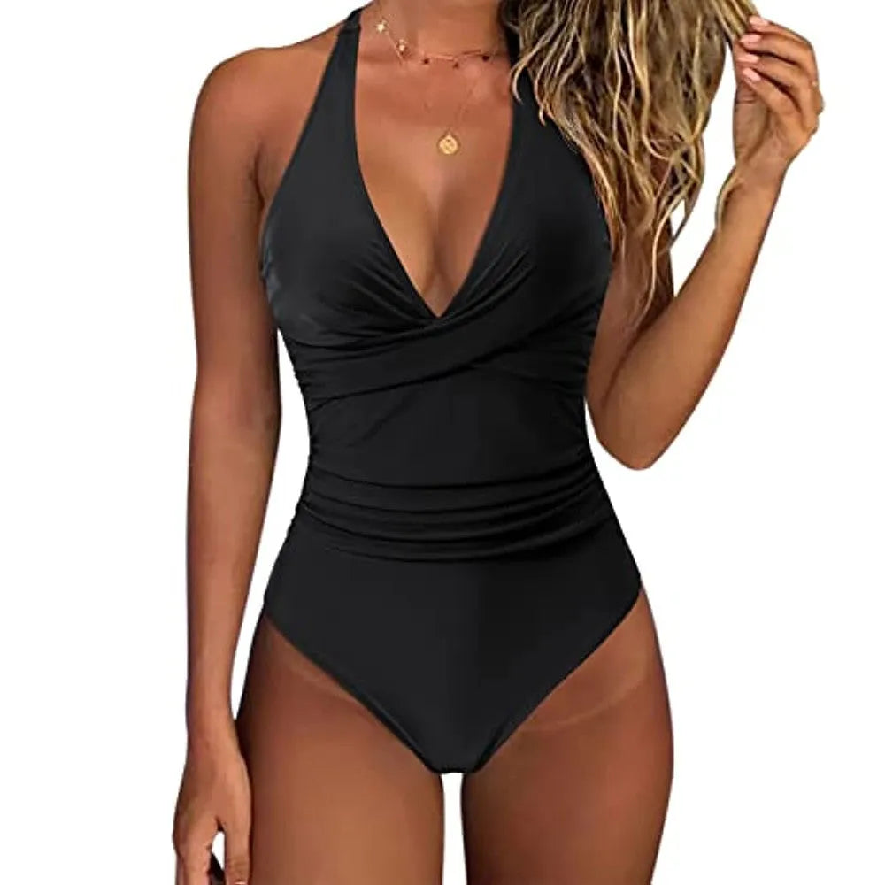 Women's solid colour cross-style one-piece swimsuit in polyester fabric