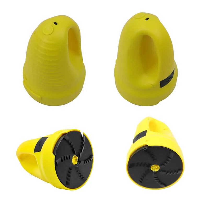 Yellow electric car ice scraper with ABS body, 3000mAh battery, USB charger, protective cap, and rotating removal disc, 16x11x11cm