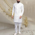 Men Muslim Middle Eastern long shirt in white with standing collar and long sleeves, loose fit, solid colour
