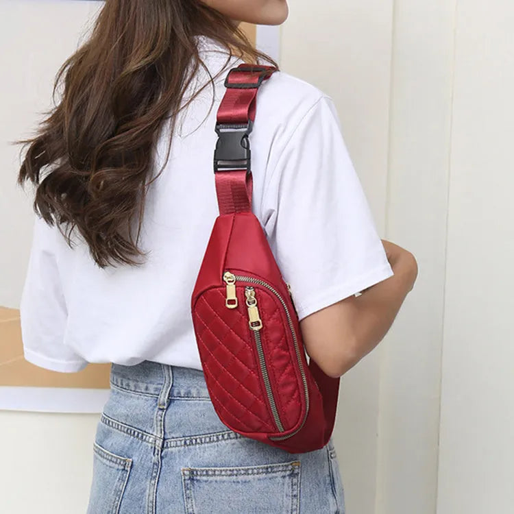 Rhombus nylon fanny pack for women, crossbody waist bag with zipper closure in solid colour, medium size, soft handle.