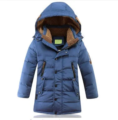 Boys Winter Down Coat 100% Polyester Duck Down Padded Jacket -30 Degree Warm Children Medium Length Hooded Casual Solid Colour Thickening Outerwear for 8-16 Years Old 130-170cm