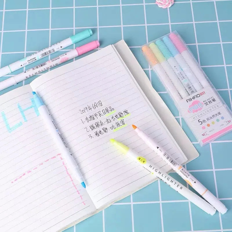 Five double head gel pens with highlighter function in blue, pink, green, orange, and purple colours