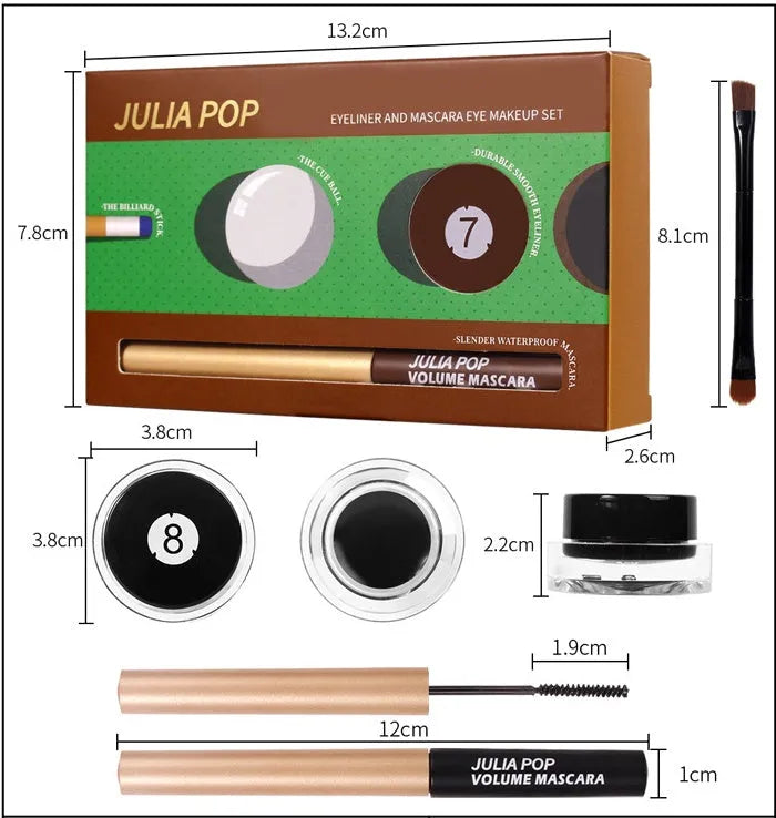 Waterproof smudge-free mascara and eyeliner set with applicator brush in Black and Brown