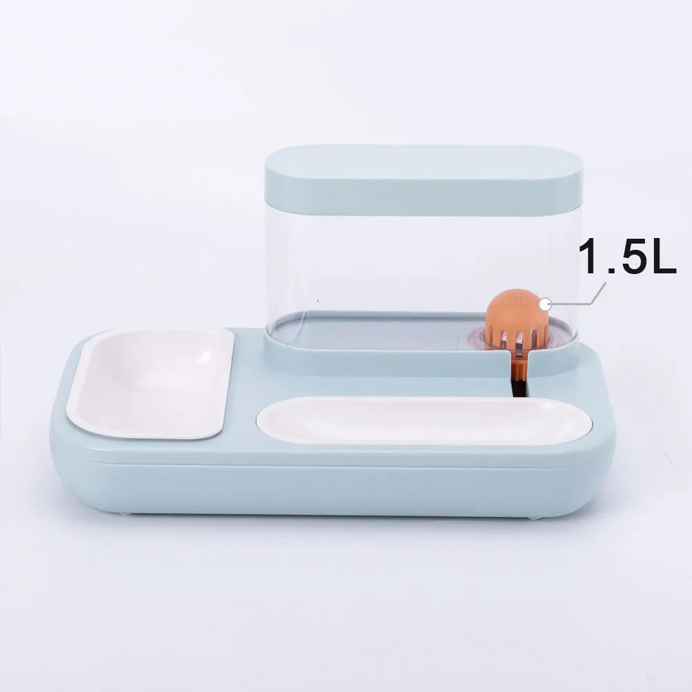 Automatic pet cat feeder water dispenser with double bowls, 1500ml, white and blue colours
