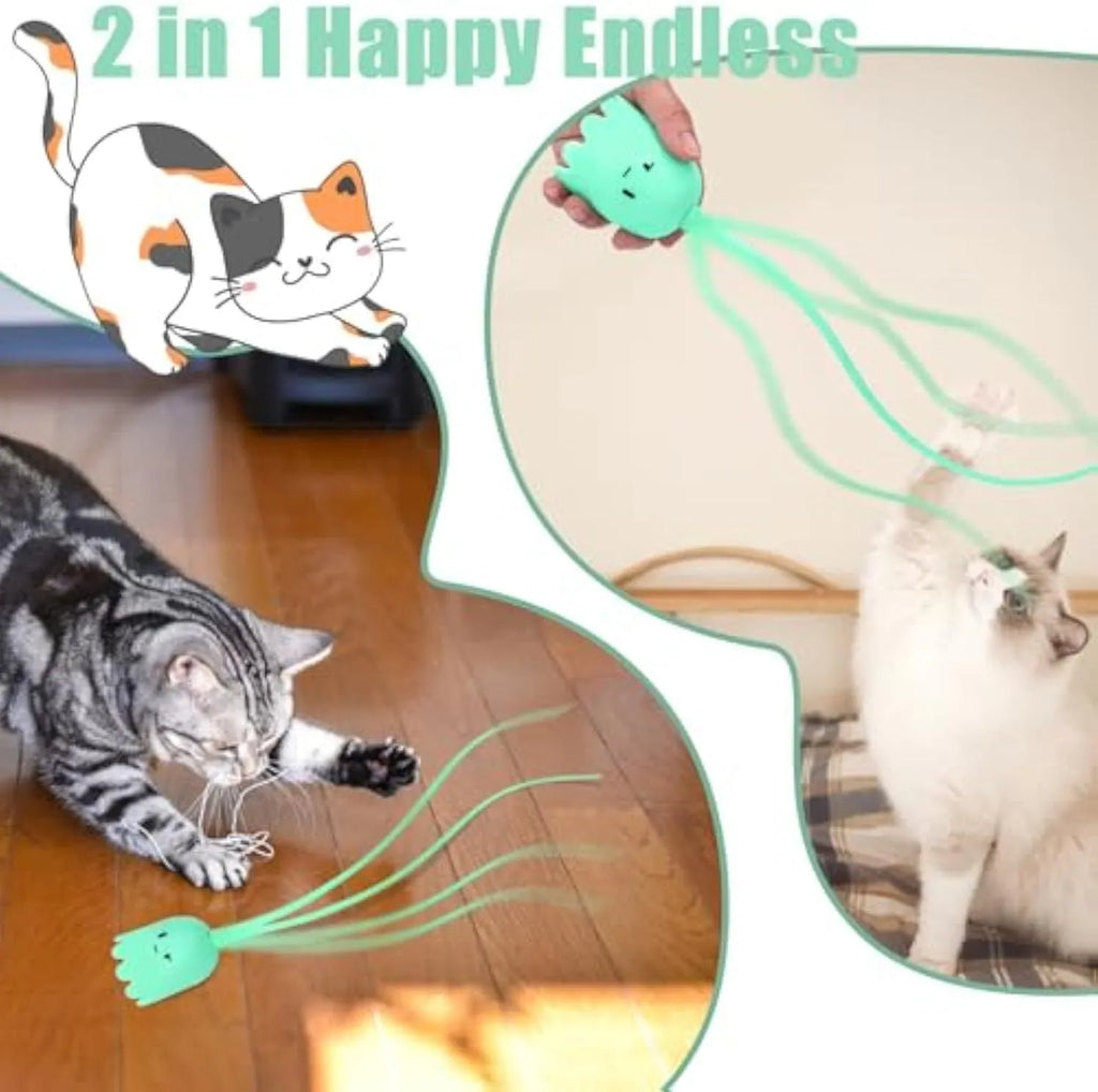 Electronic cat toy with swinging green silicone tail on plastic base