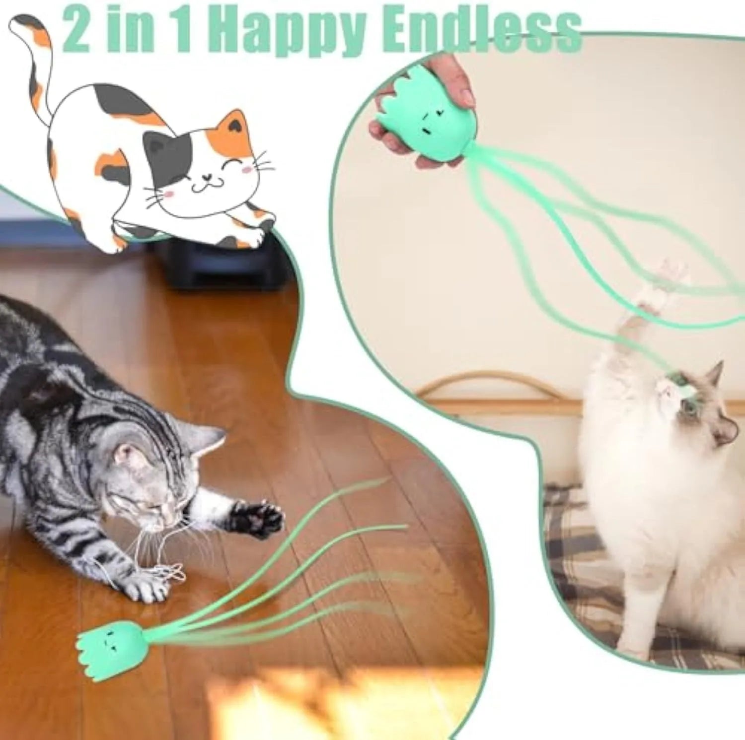 Electronic cat toy with swinging green silicone tail on plastic base