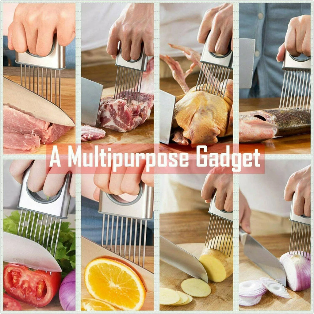 Stainless steel onion holder with prongs and finger guard for slicing vegetables