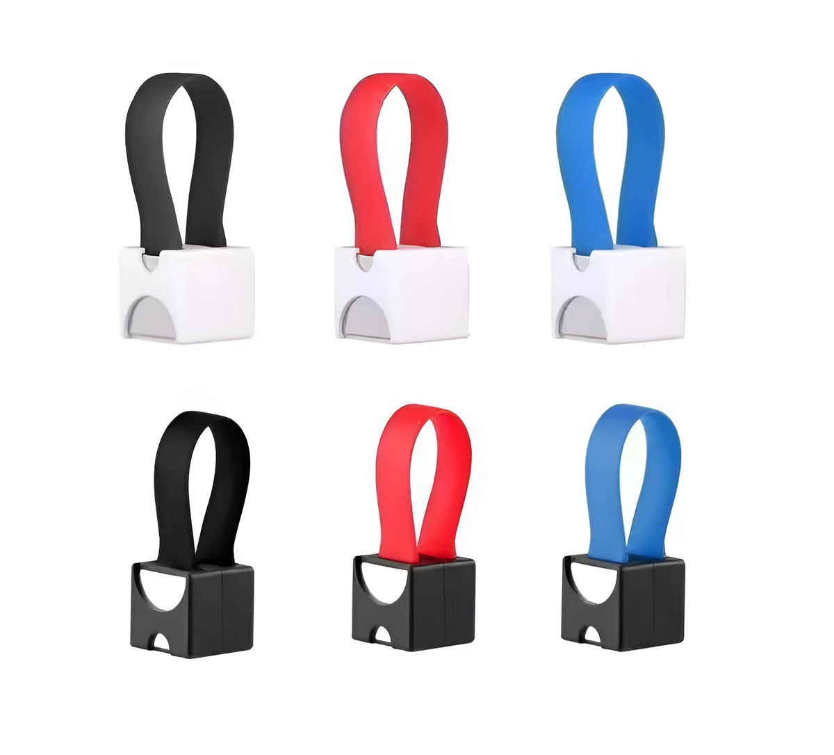 Portable emergency phone charger with 17x17mm plastic shell, powered by 2 AA dry batteries, shown in black, red, and blue.