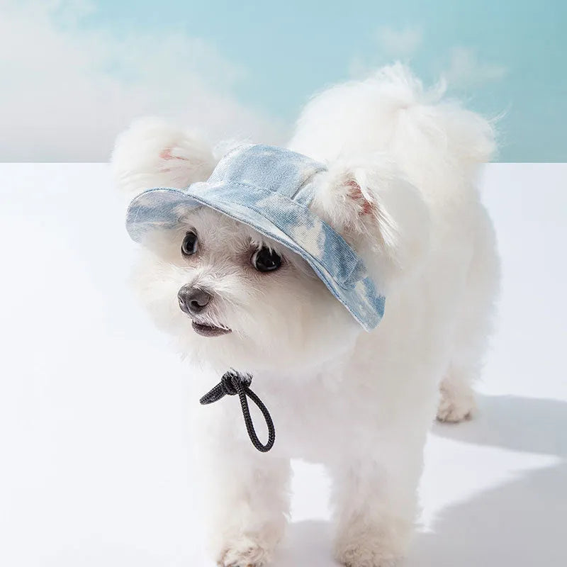 Pet hat with ear holes and adjustable chin strap for small and medium dogs tie-dye cotton polyester sun protection