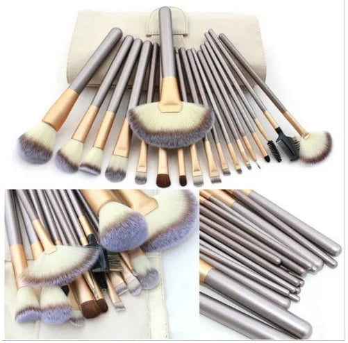 Persian makeup brush set with rice white bristles and champagne handles, showing multiple brushes.