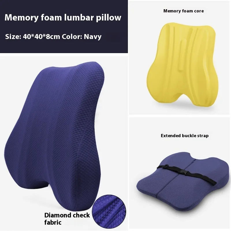 Grey lumbar support pillow for office chairs measuring 40x40x8cm with contoured design