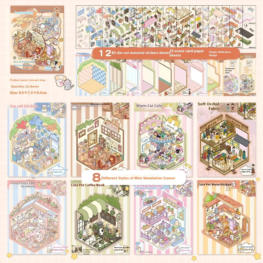 Children's handmade 3D stereo cabin sticker book in cute pet shop colour with PTT material and carton style