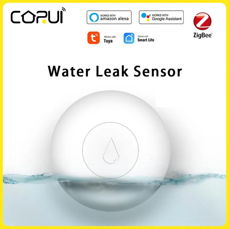 Compact white Zigbee wireless water flood sensor for smart home on a wooden surface.