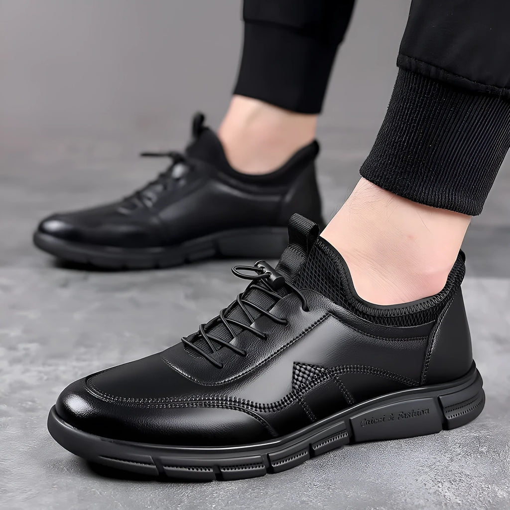 Black men's casual leather slip-on shoes with square low heel and rubber sole