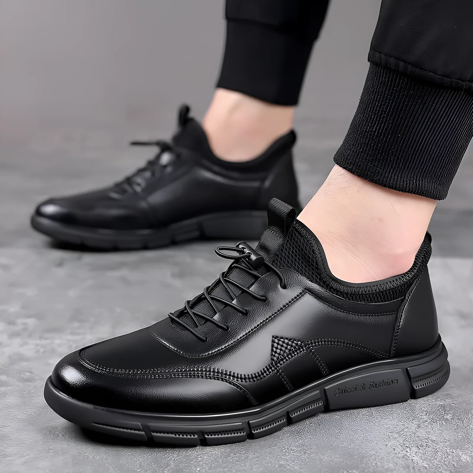 Black men's casual leather slip-on shoes with square low heel and rubber sole
