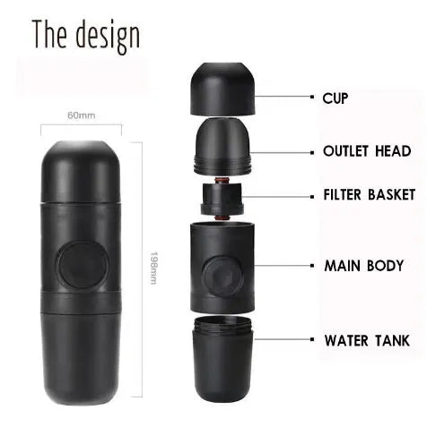 Black portable manual espresso coffee machine with stainless steel parts, shown at 17.5cm height.