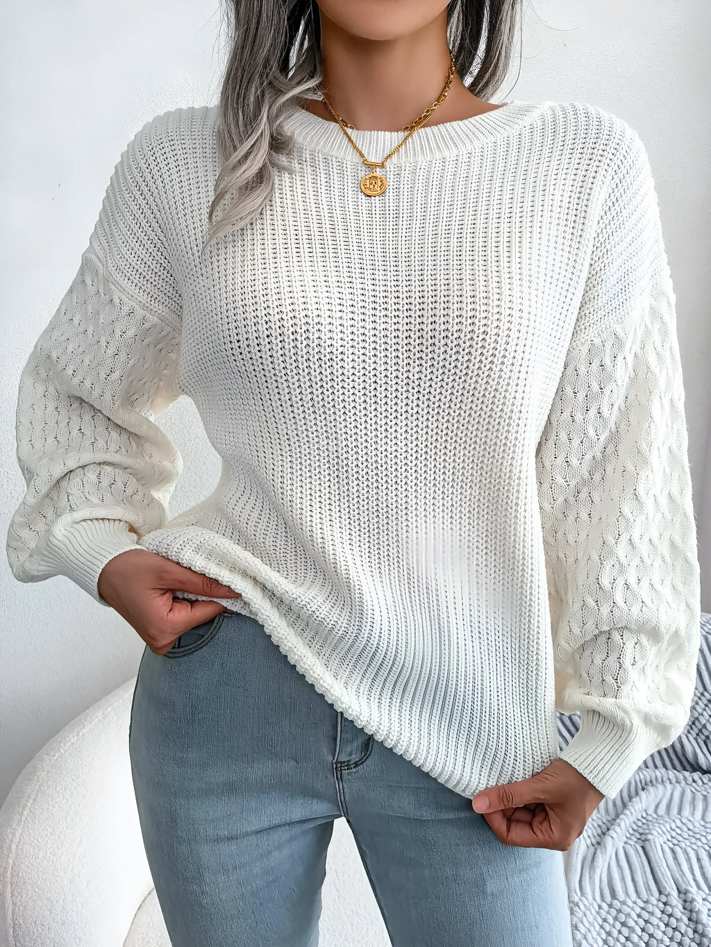 Casual lantern sleeve knitted sweater in loose fit with polka dot pattern and 3D texture, round neck pullover style, available in Khaki