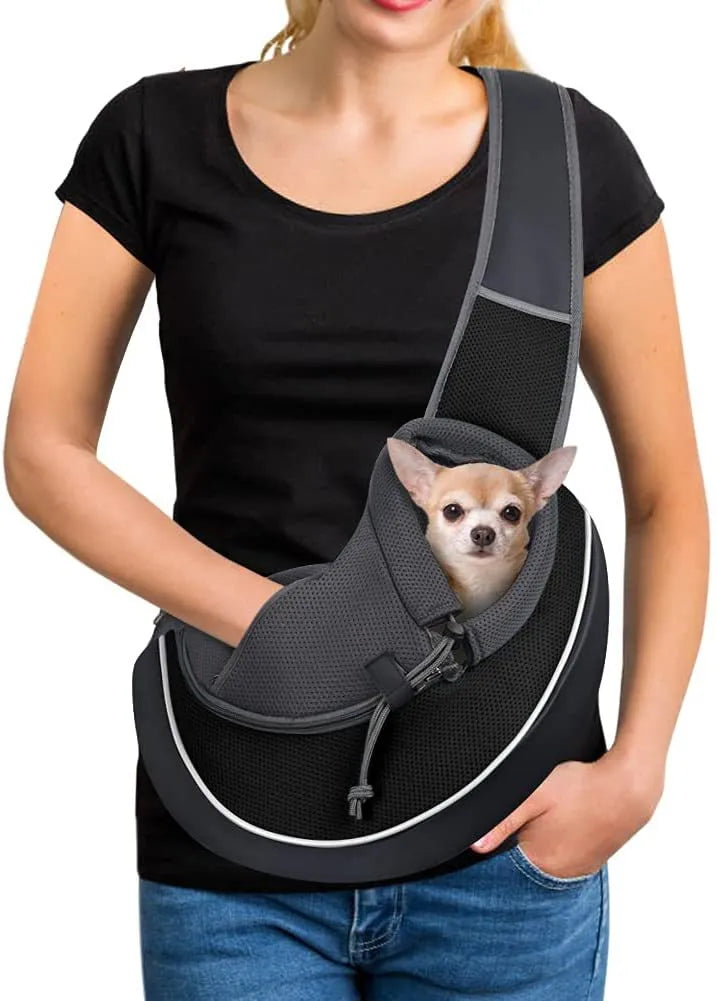 Outdoor portable crossbody pet carrier bag for dogs cats, black Oxford material, drawstring closure